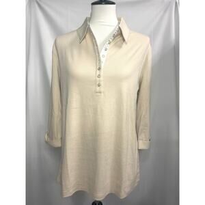 GC Fontana Long Sleeve Button Neck Top - Beige - Size 46 (US Large)- NWOT